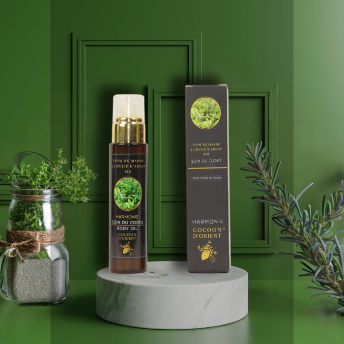 Harmony - Soin corporel aux huiles essentielles de thym, romarin, eucalyptus et huile d'argan pour une peau revitalisée et nourrie