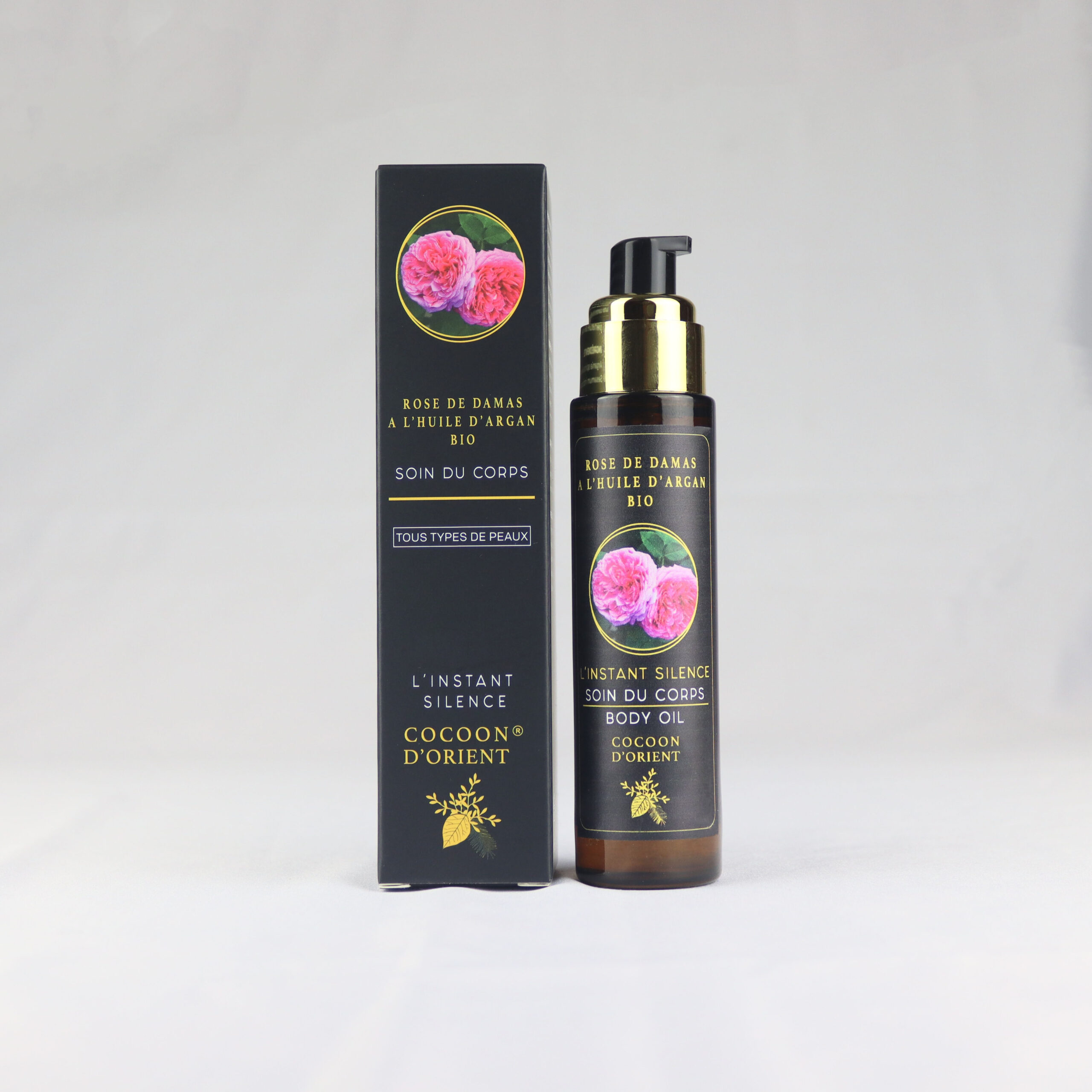 Cocoon d'Orient - L'Instant Silence, soin corps à l'huile d'Argan Bio et rose de Damas pour hydrater et apaiser les peaux sèches.