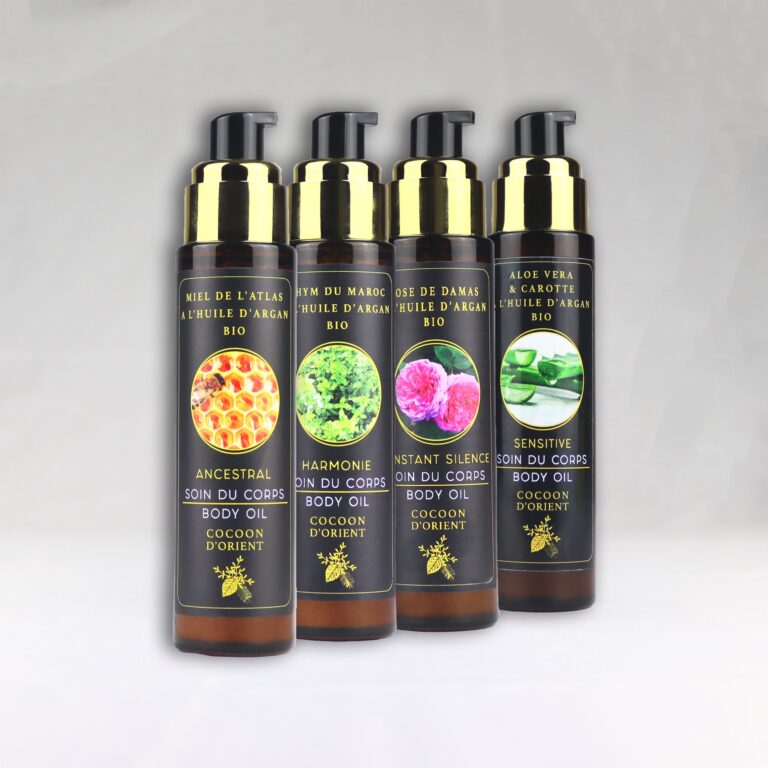 Gamme de soins haut de gamme pour le corps Cocoon d'Orient à l'huile d'Argan bio extra vierge et aux propriétés anti-âge.
