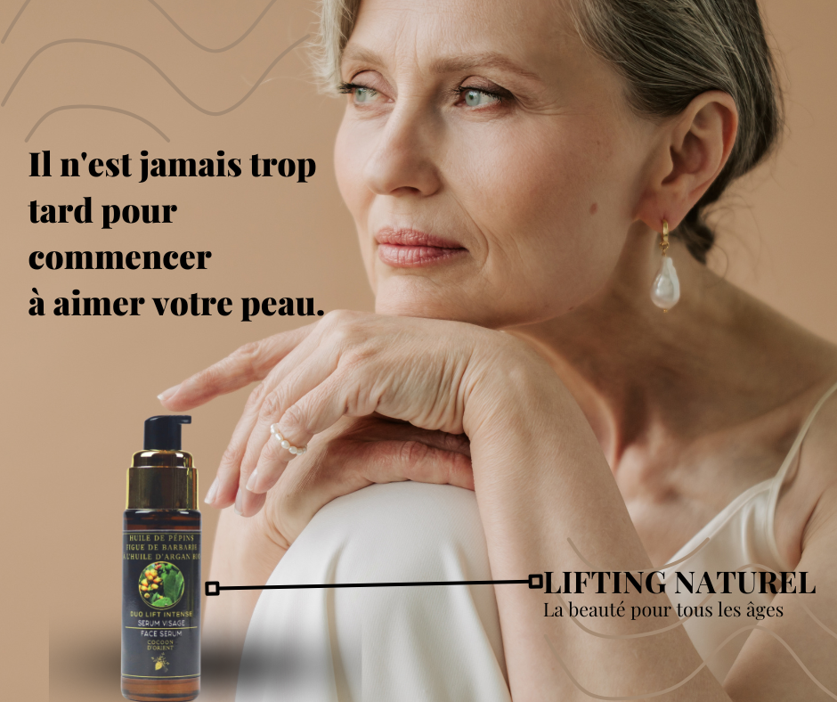Sérum visage Duo Lift Intense à l'huile d'argan bio et pépins de figues de barbarie - Beauté naturelle pour tous les âges.