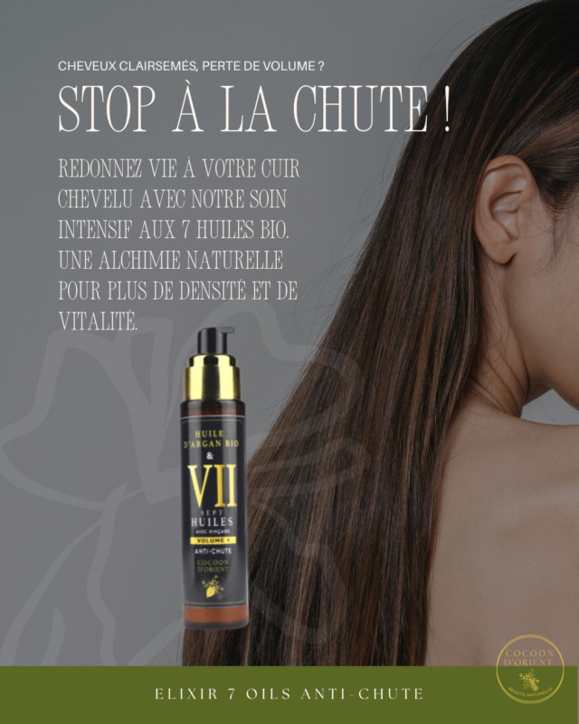 Soin anti-chute cheveux à base d’huile d’argan bio, nigelle, ail noir, jojoba, thym et plantes fortifiantes