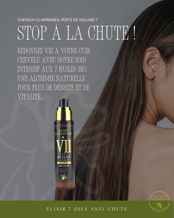 Soin anti-chute cheveux à base d’huile d’argan bio, nigelle, ail noir, jojoba, thym et plantes fortifiantes