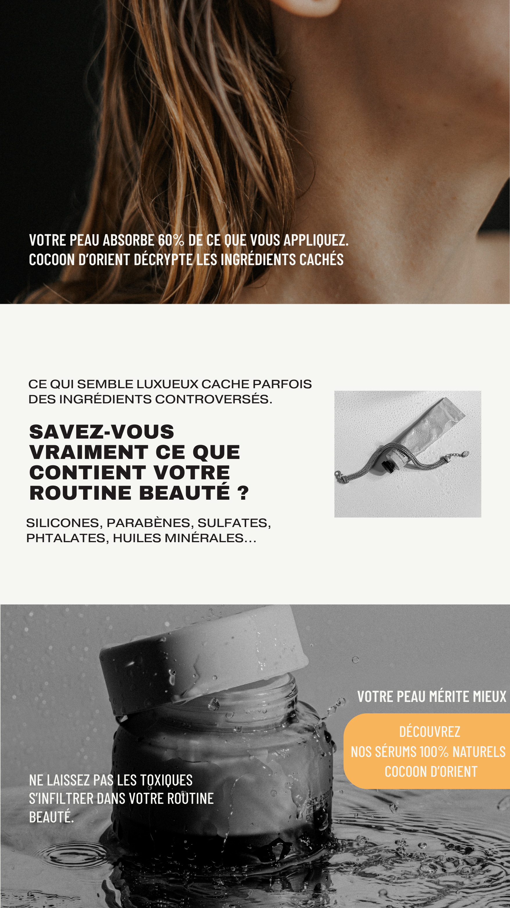 Visuel informatif sur les ingrédients toxiques en cosmétique. Cocoon d’Orient met en garde contre les silicones, parabènes et huiles minérales présents dans les produits de beauté conventionnels.